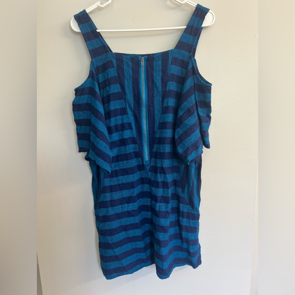 Soft Surroundings Linen Blend Blue Stripe Tunic Top Cold Shoulder Sz M Boho Chic - Picture 2 of 12